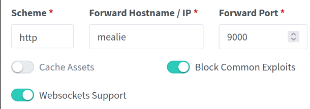 Photo from nginx proxy manager with the following configuration. Scheme: http, Forward Hostname: mealie, Forward Port: 9000, Cache Assets: false, Block Common Exploits: true, Web sockets Support: true